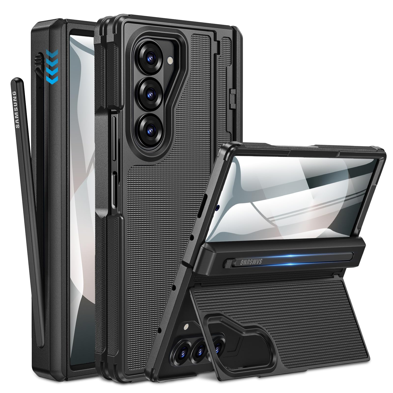 Caka for Samsung Galaxy Z Fold 6 Case [Thinner S Pen Holder] [Hidden Kickstand] [Hinge Protection] [Screen Protector] Full Body Hard Shockproof Phone