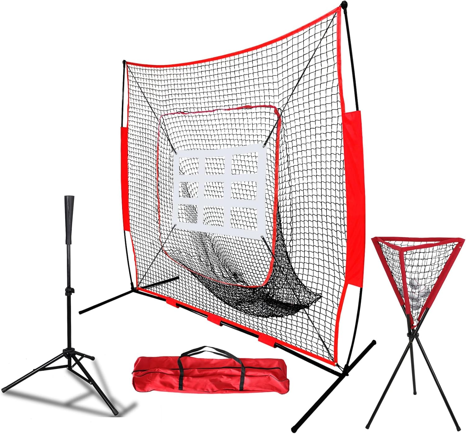 Smartxchoices 7x7 Feet Baseball Softball Hitting Pitching Practice Net with Yellow Strike Zone, Batting Tee,Ball Caddy Set with Carry Bag, Baseball Backstop Practice Net for Pitching Batting Catching