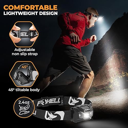 Miniatura 4 de Foxelli Linterna frontal LED recargable  Ultraligero, impermeable y recargable por USB con luz roja para correr, acampar, senderismo y al aire libre