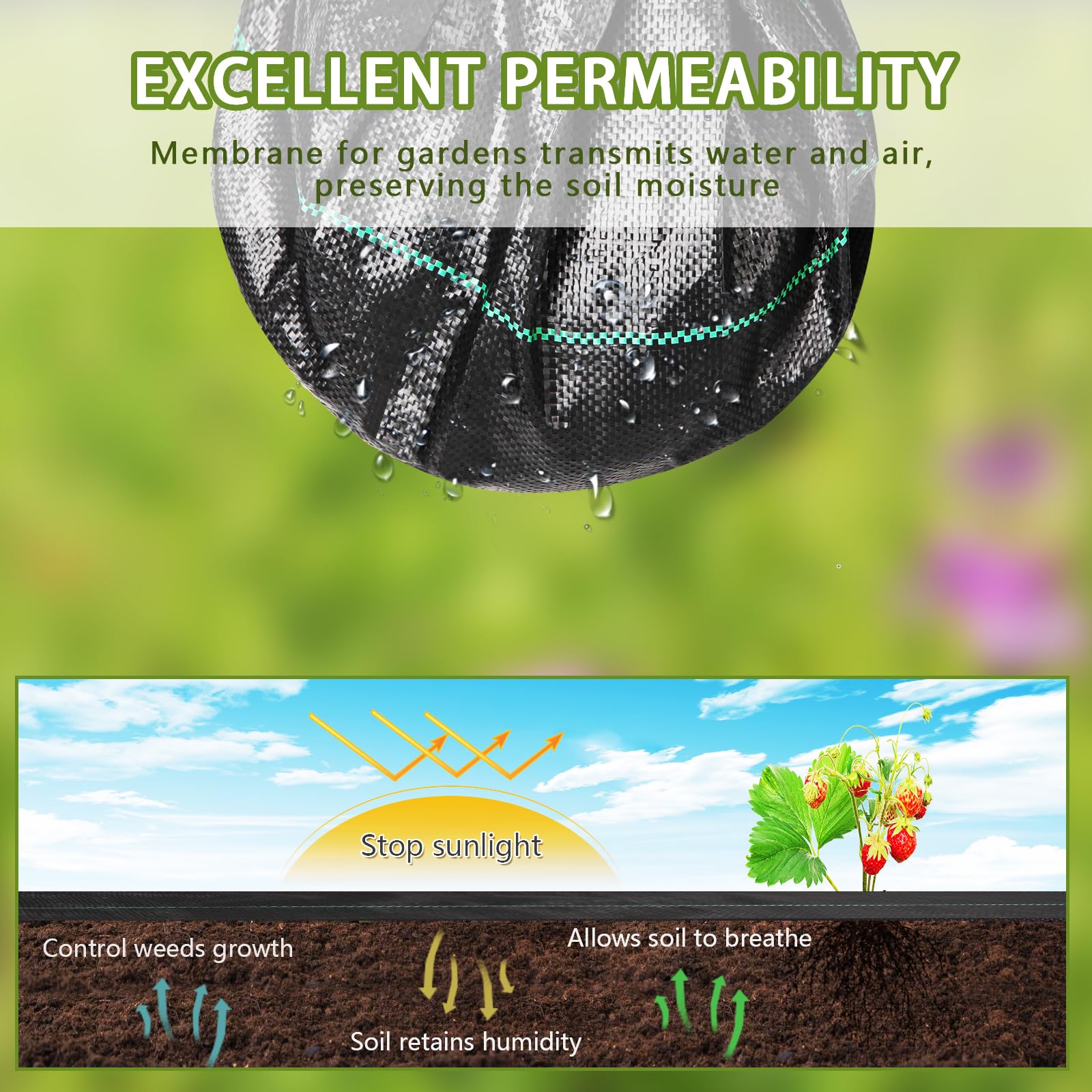 2m x 10m Heavy Duty Weed Control Membrane Garden Weed Barrier Fabric for Landscaping Driveway Gravel Artificial Grass Lawn Underlay Gadern Patios Garden Flower beds, Black Woven Ground Cover — view 3