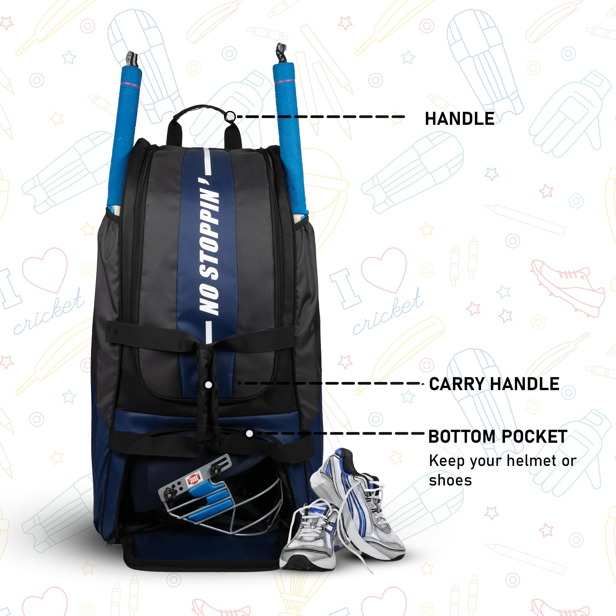 WHACKK Gayle Adult Cricket Kit Bag Black Navy | Full Size Bag with Bat Sleeve, Shoe & Helmet Pocket | Spacious Cricket Bag for Men & Club Players 1