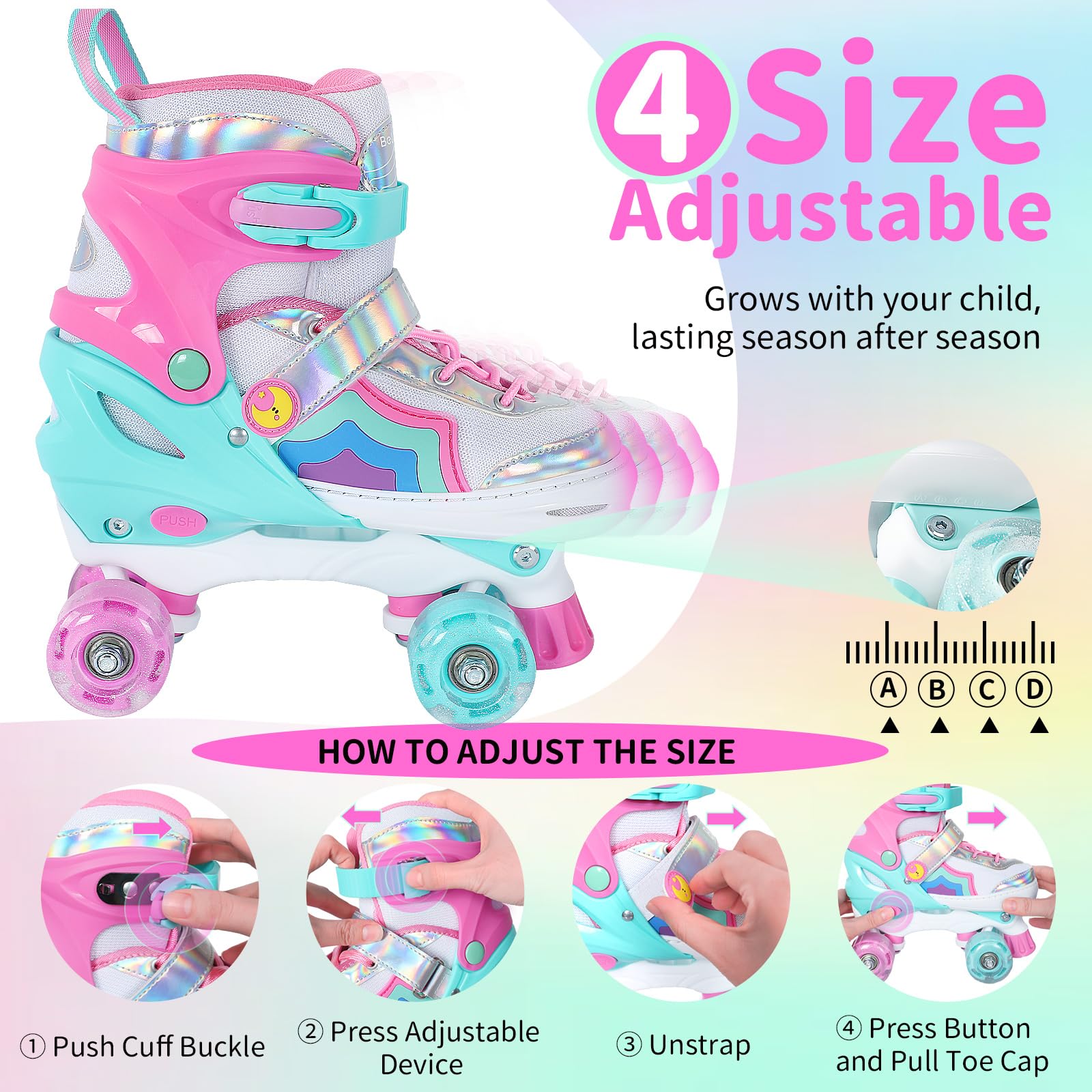 BELEEV Kids Roller Skates for Girls, 4-Size Adjustable Quad Skates with 8 Light-Up LED Wheels & Bonus Shoe Lace, Safe & Fun for Toddlers Children Beginners, Ideal Birthday