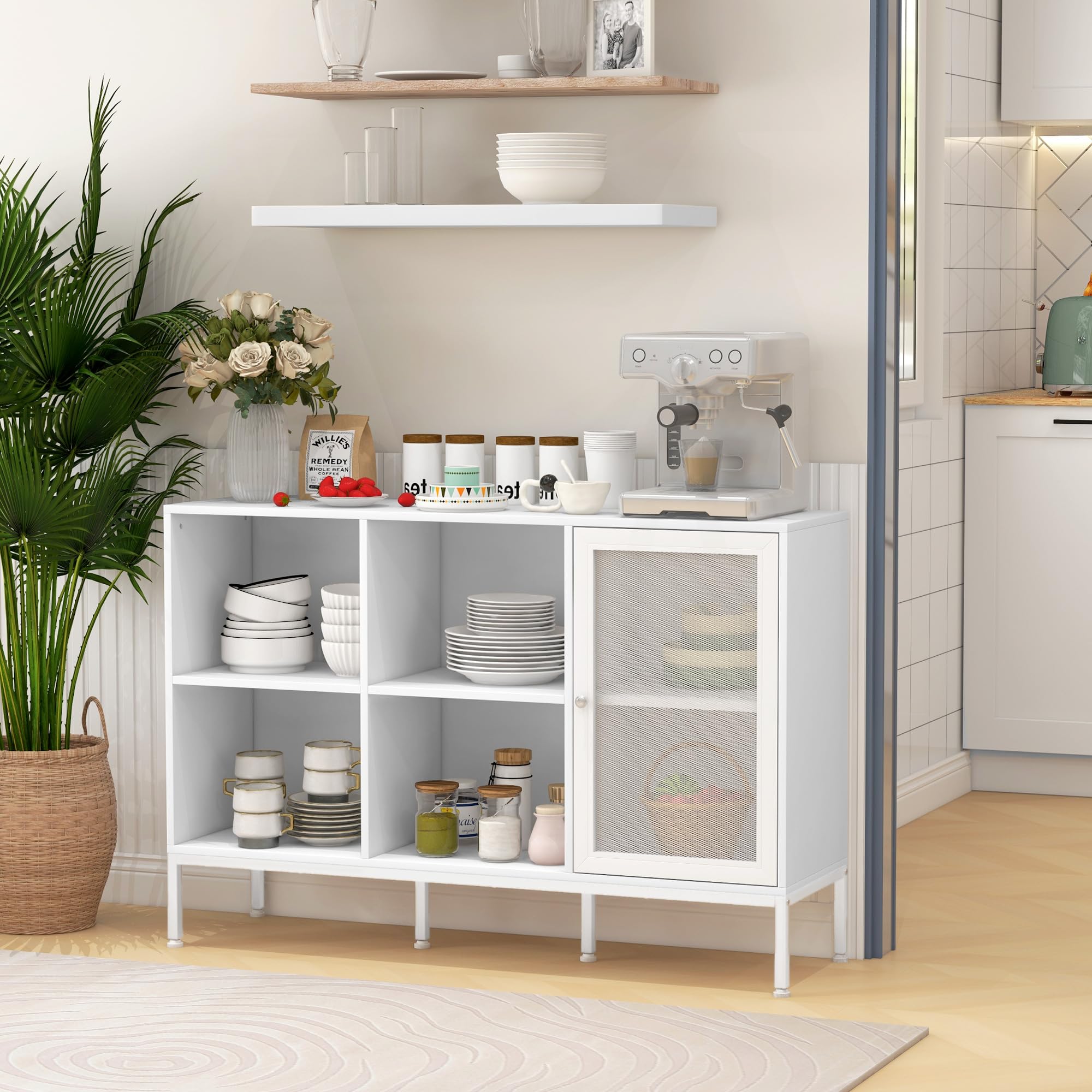 HOMCOM Aparador de Cocina Mueble Aparador con Puerta de Malla 4 Compartimentos Abiertos y Estante Ajustable Mueble de Cocina Moderno Bueffet para Salón Comedor 120x37x81,5 cm Blanco