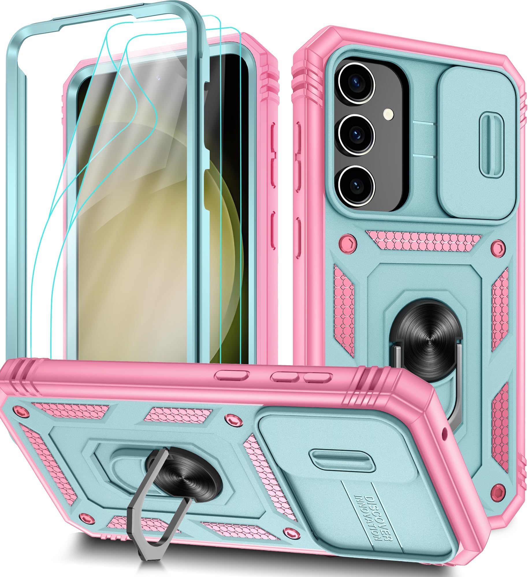 3 in 1 for Samsung S23 FE case with Front Frame |2 Separate Screen Protector| Kickstand Ring & Camera Cover Military Grade Drop Shockproof Protection for Galaxy S23 FE,Green/Pink