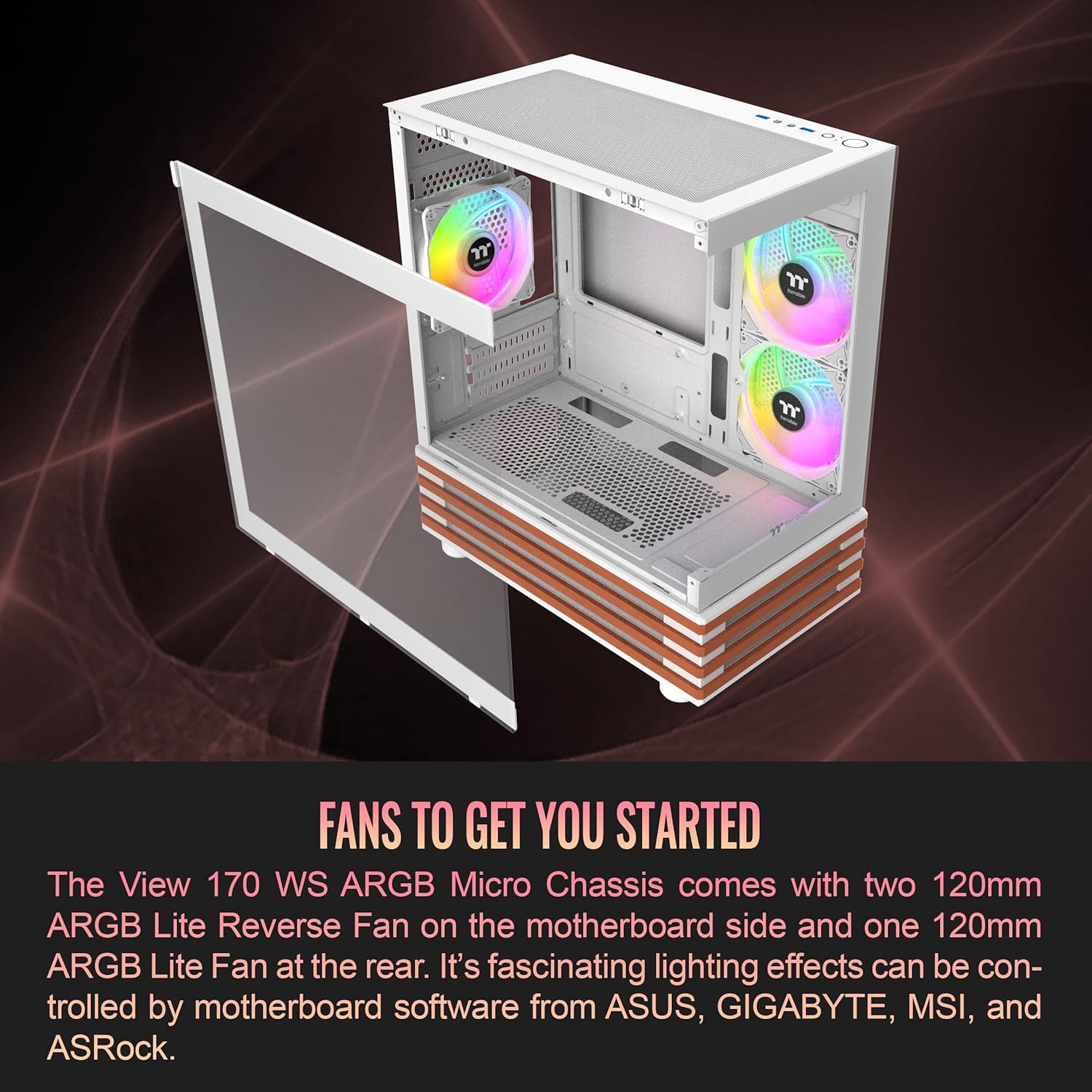 Thermaltake View 170 WS ARGB; Micro Chassis; Bottom Wood Trim; 3x120mm ARGB Lite Fans Included; 340mm GPU Clearance; 160mm Air Cooler Max Height; mATX/mITX; Snow; CA-1Z4-00M6WN-WS