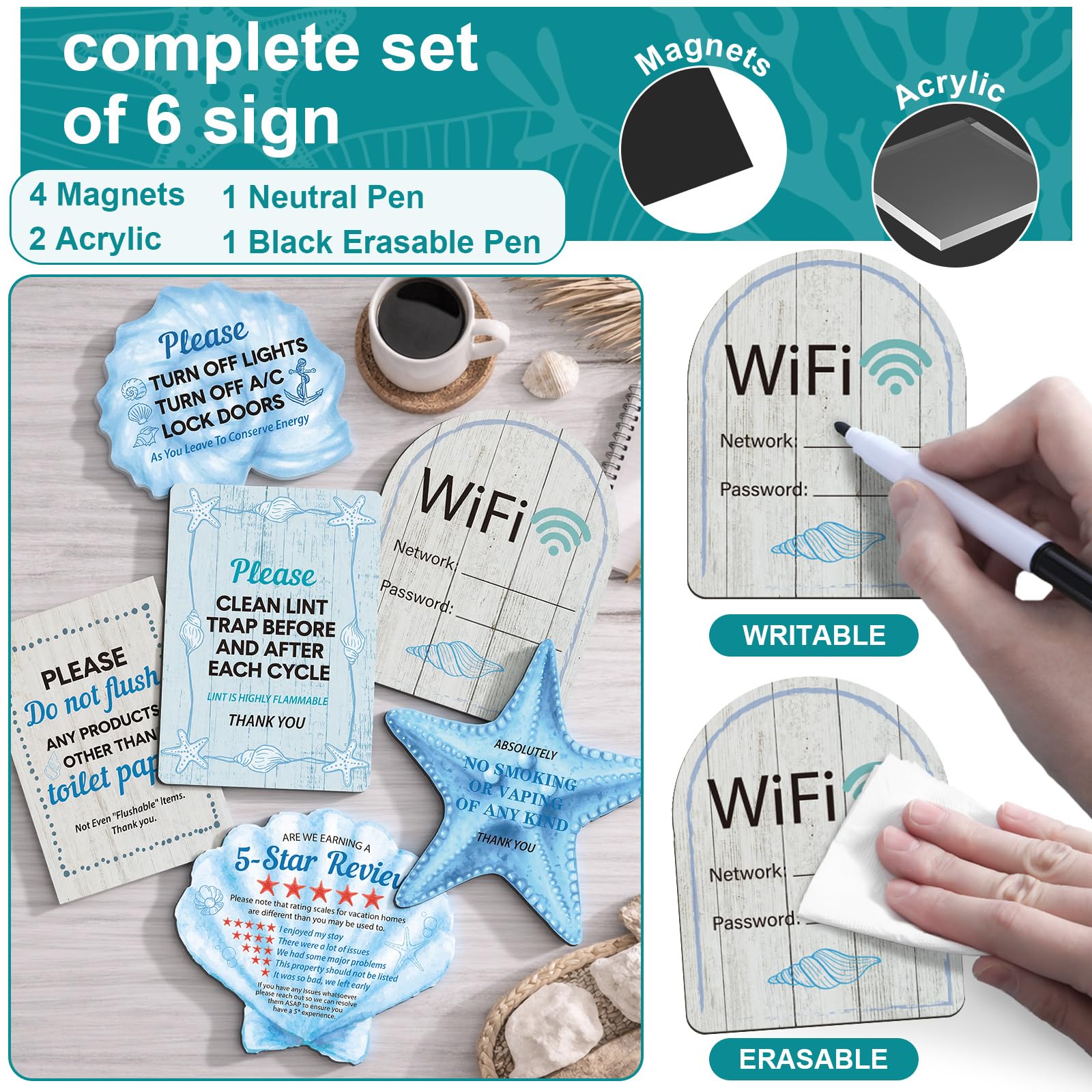 Eaasty 9 Pcs Rental House Essentials for Hosts 10 x 8 Inches 120 Pages Coastal Cabin Guest Book for Vacation Home Guesthouse Welcome Log Short Term Rentals Sign and Fridge Magnets