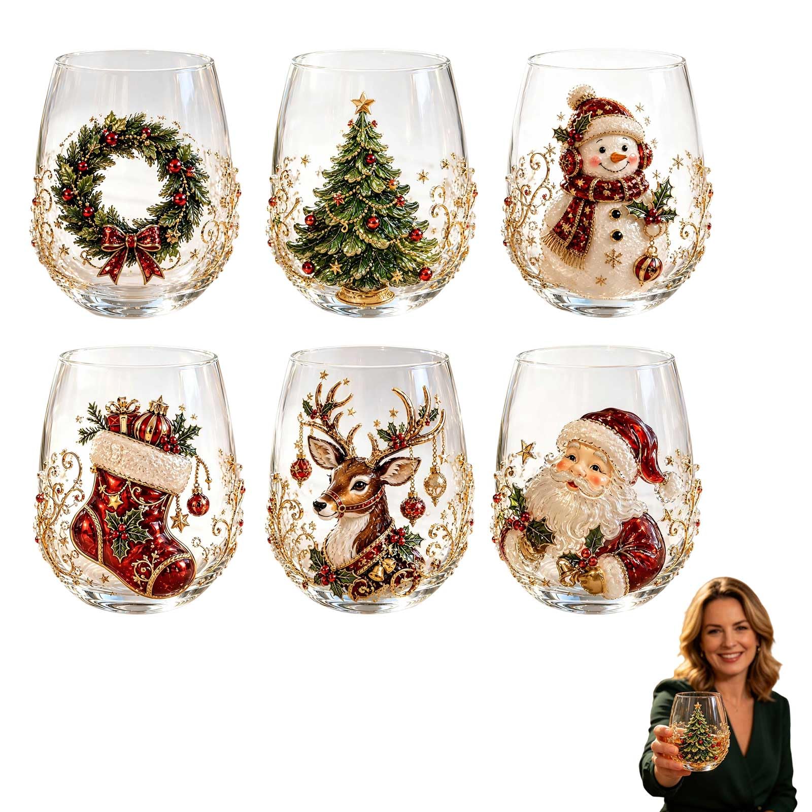 Bicchiere natalizio 2D con motivo Babbo Natale, bicchiere da vino senza stelo, per caffè, tè, succo, latte, feste di Natale, decorazione natalizia, idea regalo