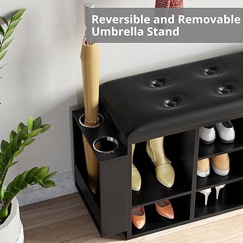 Miniatura 6 de IRONCK Banco de zapatos, banco de entrada de almacenamiento de diez cubículos con piel sintética, organizador de zapatos con estantes ajustables