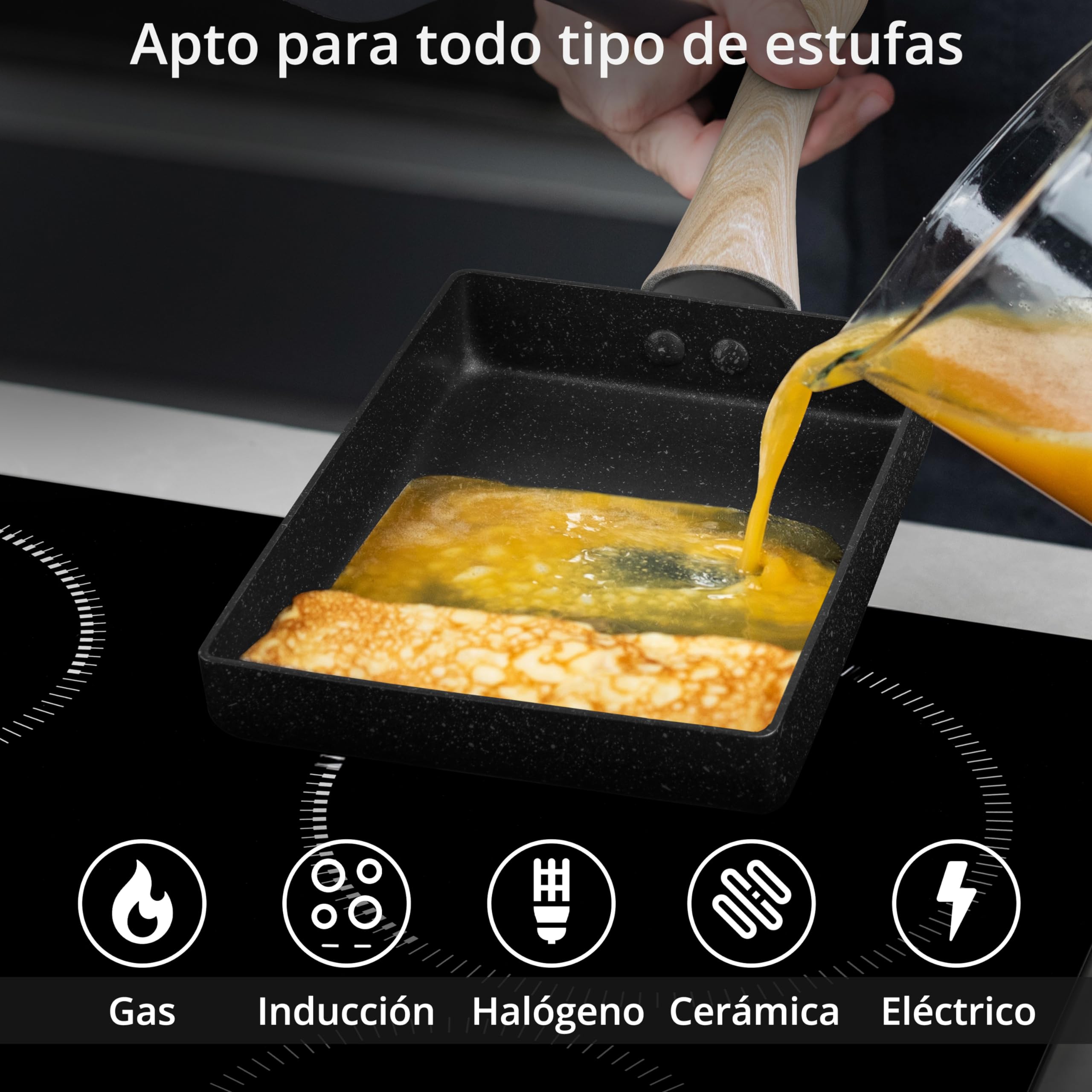 Winter Shore Juego de Sartén Tortilla Japonesa - Sarten Antiadherente Rectangular para Tamagoyaki con Mango de Madera - Incluye Plato, Cepillo para Aceite, Espátula, Palillos - Utensilios de Cocina