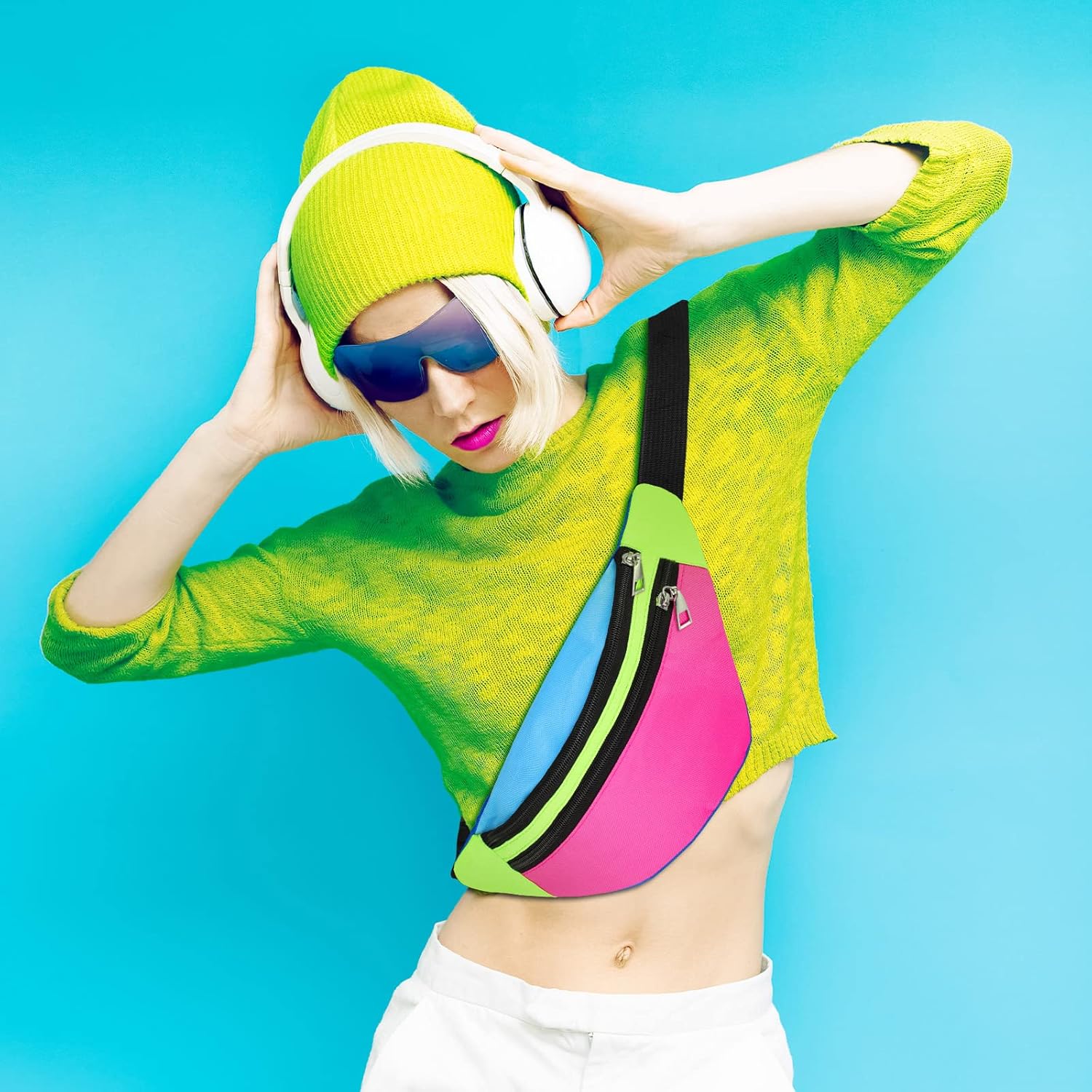 80s 90s Neon Fanny Pack for Women Adjustable Retro Two Pockets Waist Bags Lightweight Belt Waterproof Traveling Running Bags for Women Men Travel Festival Theme Party - Image 4