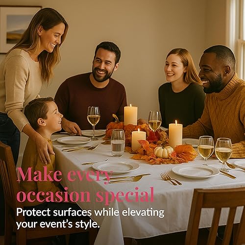 Vista 45 de Prestee Manteles redondos de plástico de 84 pulgadas, paquete de 24 manteles desechables de color blanco para fiestas, manteles redondos