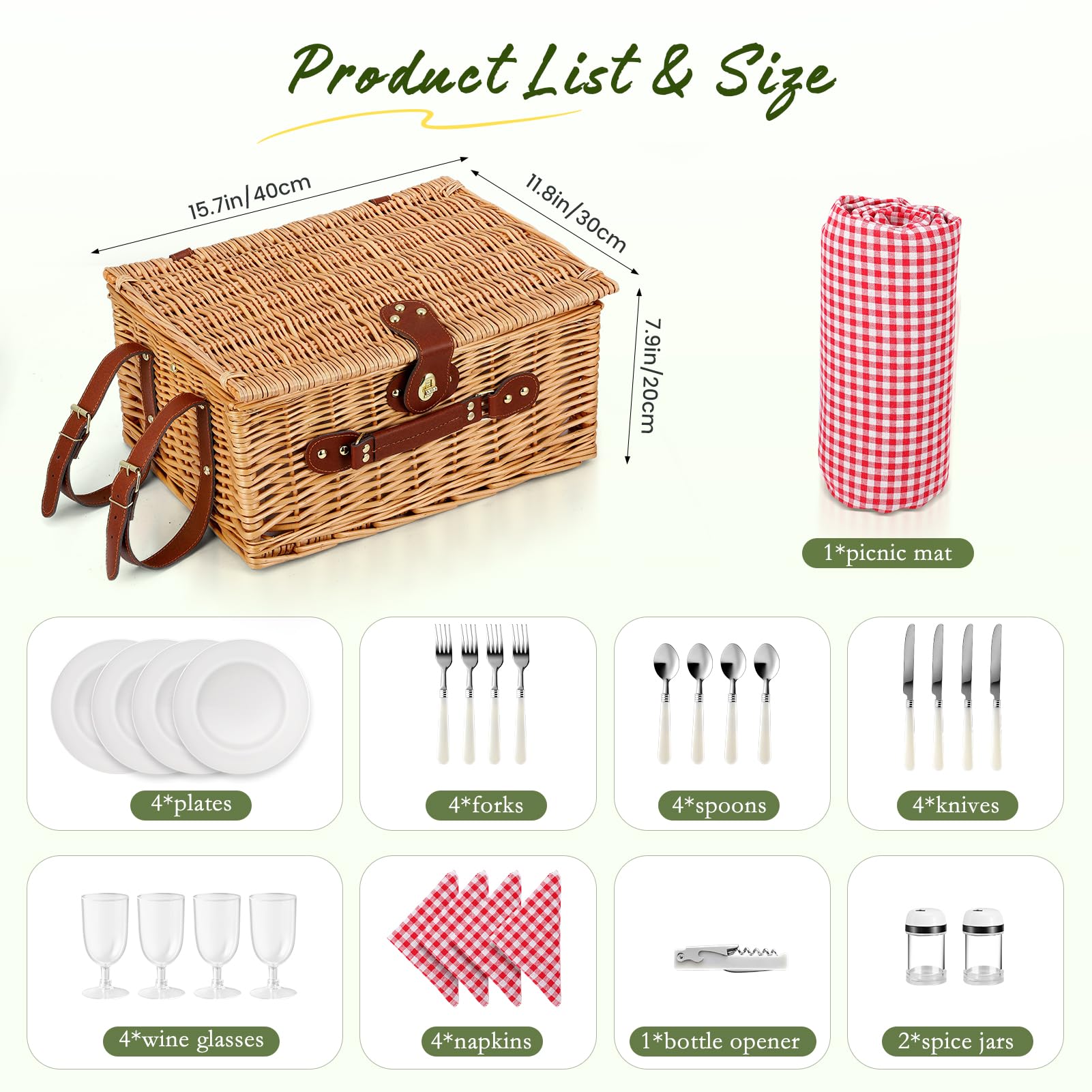 Cestino da Picnic in Vimini per 4 Persone, Cesto Picnic Vintage, con Scomparto Termico, Coperta Impermeabile, Posate, per Campeggio, Festa all'Aperto, Spiaggia, Rosso