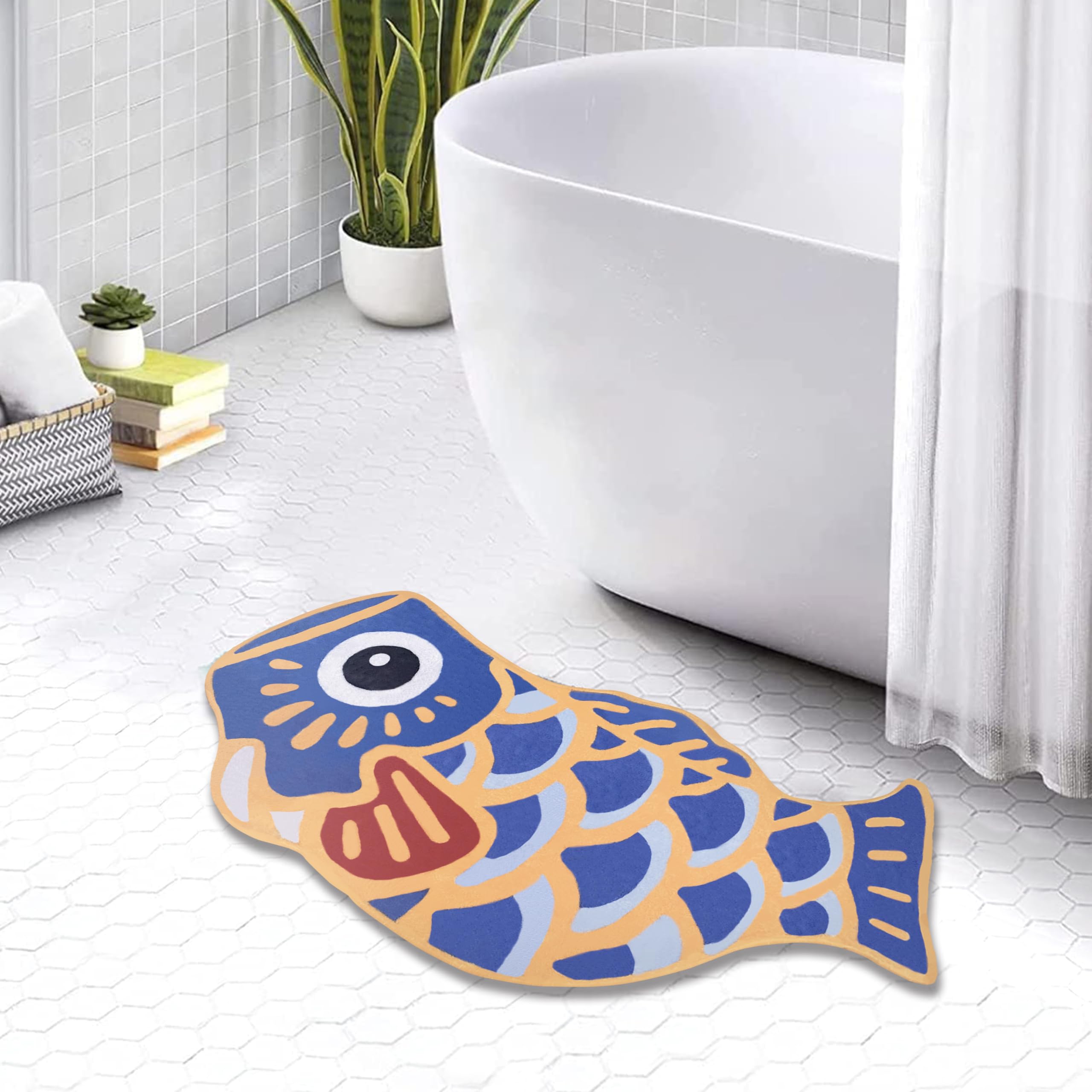 Kitcmat Cute Koi Fish Bath Mat Japanese Non-Slip Bathroom Rug Plush Microfiber, Quick-Dry Water Absorbent Bathtub Mat with Rubber Backing, Machine