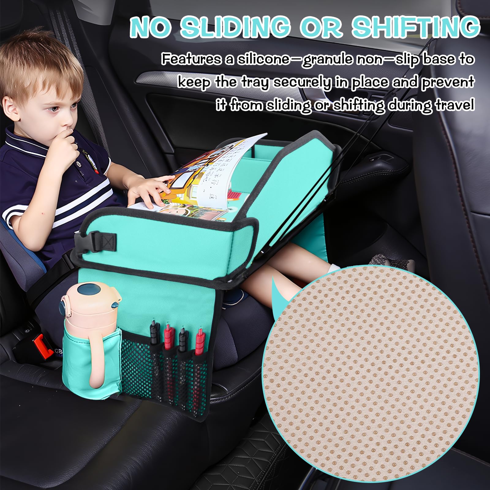 HNCY Vassoio da Viaggio, Tavolino Bambini da Seggiolino Auto con Lavagna da Disegno, Organizzatore per Seggiolino Auto con Scomparti Multiuso, Kids Travel Tray Facile da Pulire (Auto)