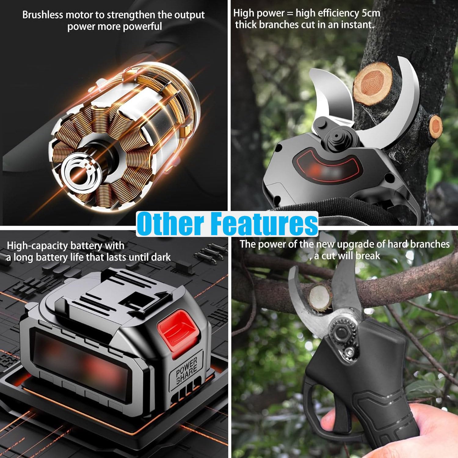 Potatore Elettrico Da 45 Mm, Forbici Da Potatura Professionali, Forbici Da Giardino Elettriche/Potatori Manuali Con Manico Estensibile, 2 Batterie Da 1,5 Ah E 2 Lame Di Ricambio,WithExtensionPole