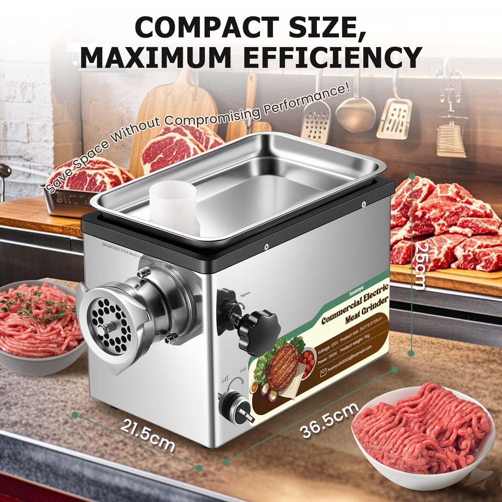 Huanyu Hachoir Électrique Hachoir a Viande Electrique Commercial 1100W Multi-fonctions Hachoir a Viande avec Poussoir a Saucisse Hachoir Électrique Viande avec 2 Lames et 4 Plaques de Coupe