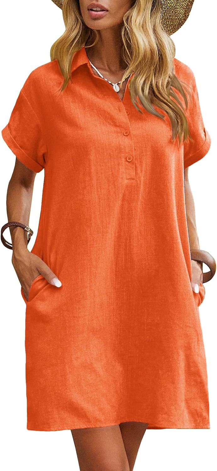 Zeagoo Womens Cotton Shirt Dress Summer Casual Short Sleeve Button Down Beach Cover Up Shirts with Pockets