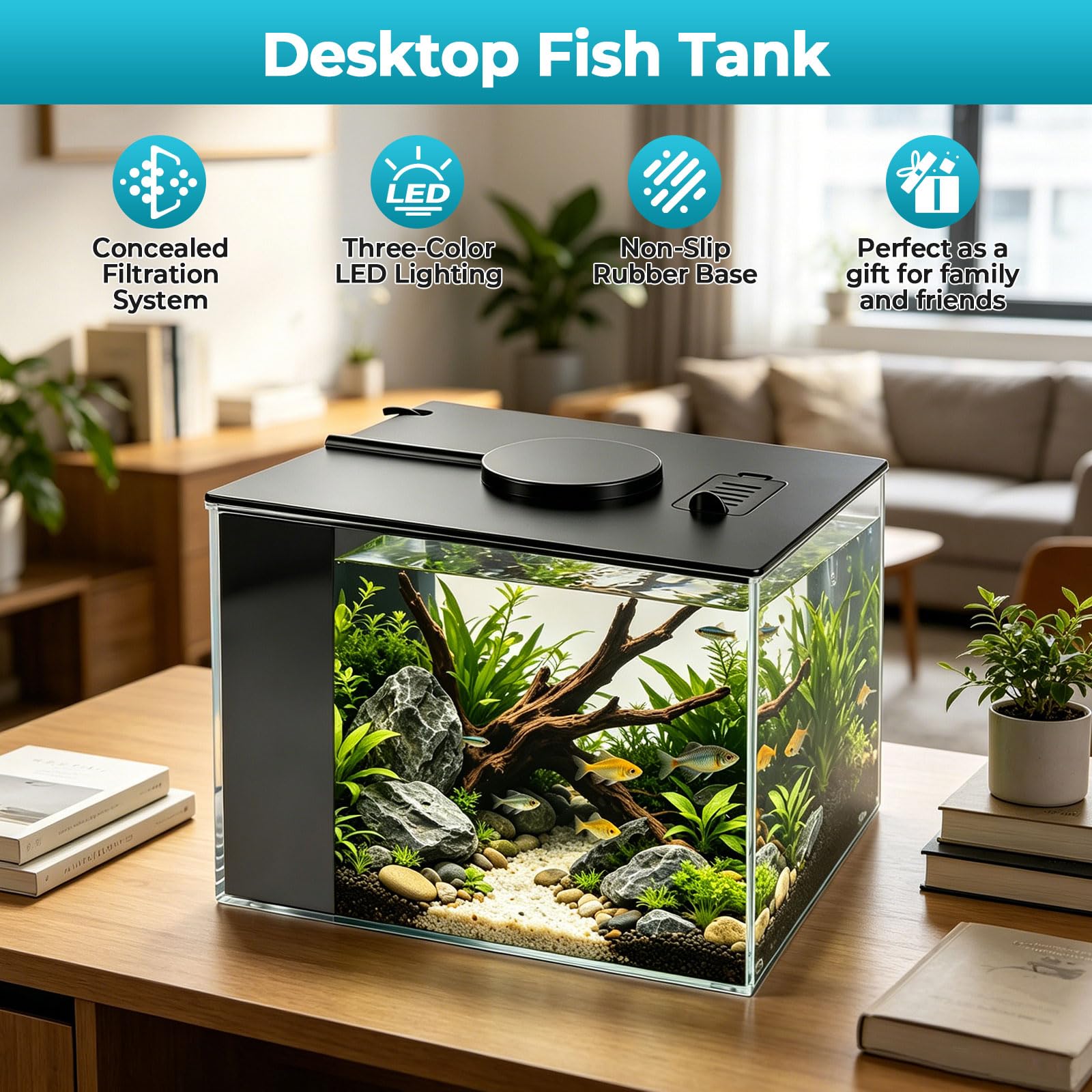 Betta Fish Tank, pequeño acuario de plástico con cubierta y luz LED, kit de inicio de acuario con sistema de filtro, mini pecera de escritorio para camarones Betta