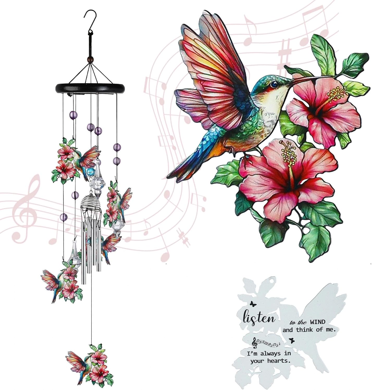 YU FENG Hummingbird Wind Chimes with Crystal Suncatcher – 27 Inch Memorial Wind Chime for Outdoor Garden Decor, Pink Hummingbird Gifts for Women/Mom/Grandma, Durable Metal Windchimes for Yard/Patio
