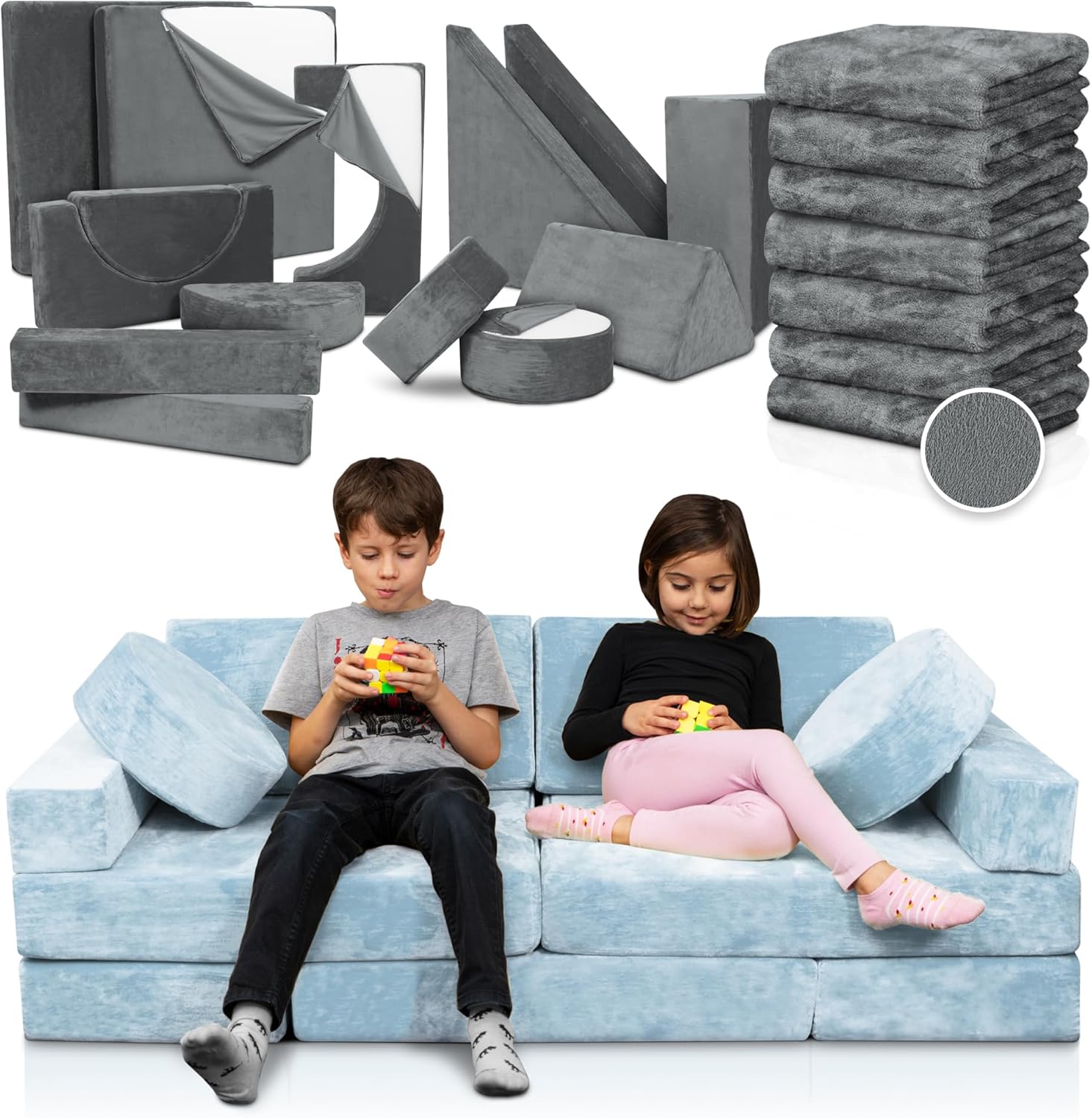 Lunix LX15 Modular Kids Couch 14pcs – Blue + Replacement Gray Cover – Convertible Play Sofa for Toddlers & Kids – Washable, Soft Foam for Climbing, Building & Resting – Bundle and Save 10%