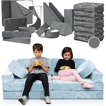 Lunix LX15 Modular Kids Couch 14pcs Blue + Replacement Gray Cover Convertible Play Sofa for Toddlers & Kids Washable, Soft Foam for Climbing, Building & Resting Bundle and Save 10%