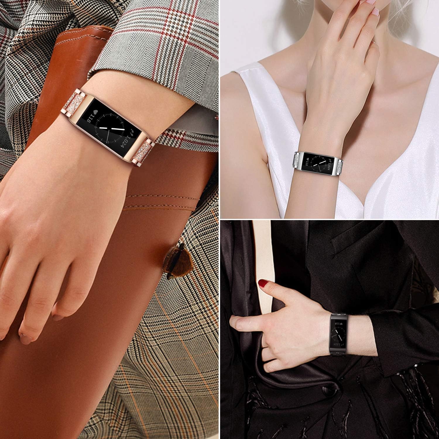 SHANGPULE Bling Bands Compatible with Fitbit Charge 4 / Charge 3 / Charge 3 SE bands, Replacement Strap with Rhinestone Bracelet Wrist Band Accessories Women Man Large Small(Silver)