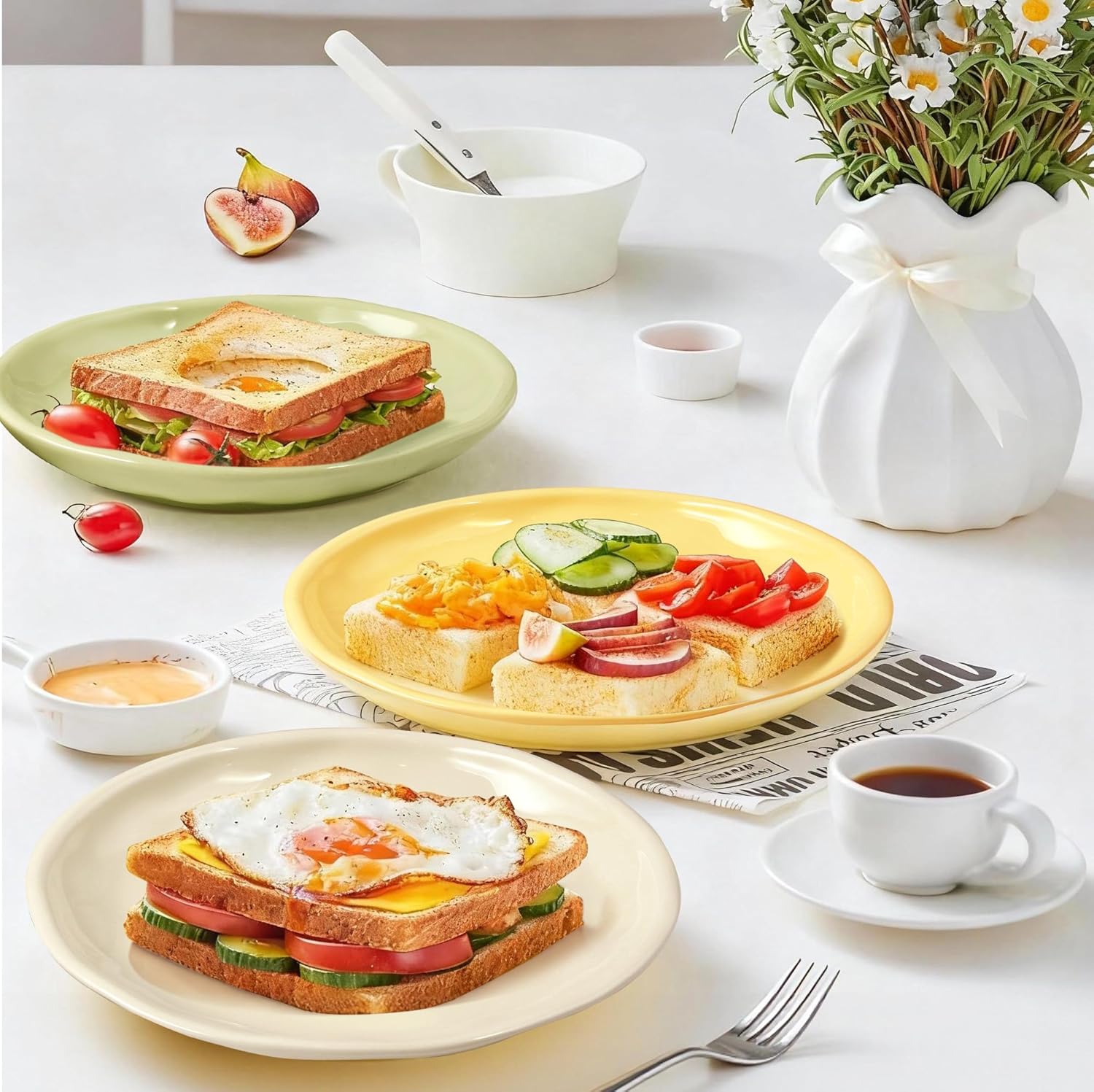 6 Inch Ceramic Salad Plates, Set of 6 - Small Appetizer & Dessert Plates for Portion Control, Microwave & Dishwasher Safe, Chip-Resistant (Soft Green, Cream Yellow, Creamy White (6) - Image 2