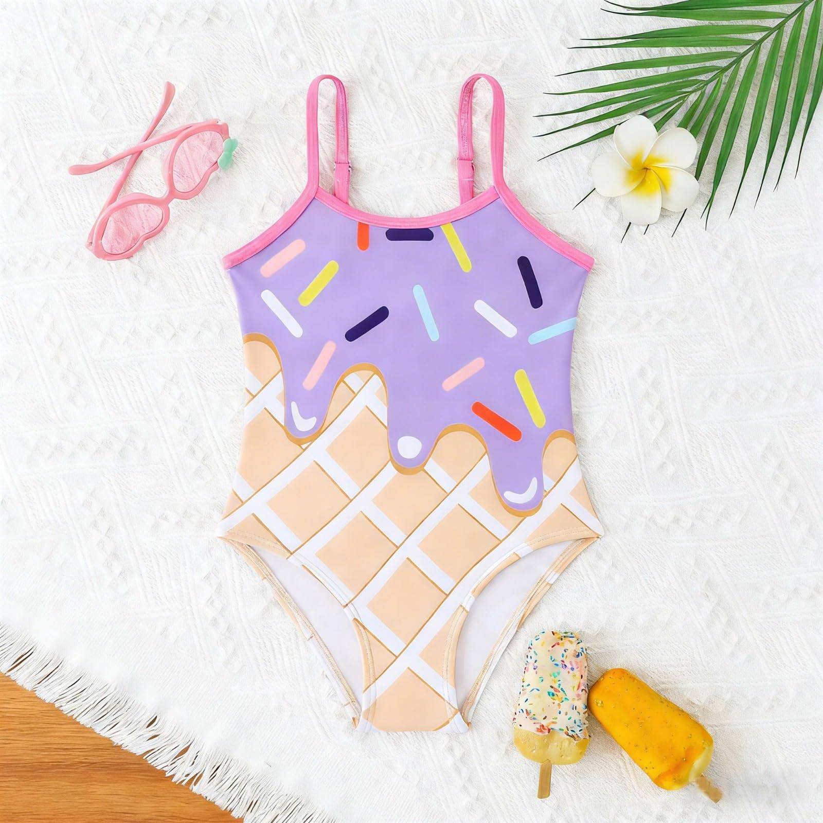 Generisch Bañador para niña Sunny con bonito estampado de flores, ideal para niños pequeños, niños y adolescentes, perfecto para la playa y la piscina en verano.
