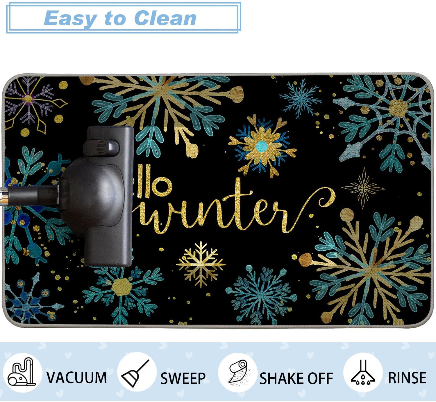 Baccessor Hello Winter Doormat Indoor Outdoor Rug, Blue Golden Snowflakes Printed Christmas Front Decorative Welcome Door Mat Anti-Slip for Xmas Seasonal Holiday Entrance Floor Decoration 17 x 29 Inch