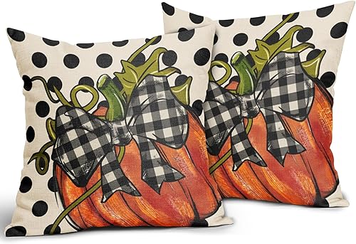 Miniatura 2 de Juego de 2 fundas de almohada de otoño de 18 x 18 pulgadas, color naranja de Acción de Gracias, para exteriores, otoño, negro, blanco, lunares,