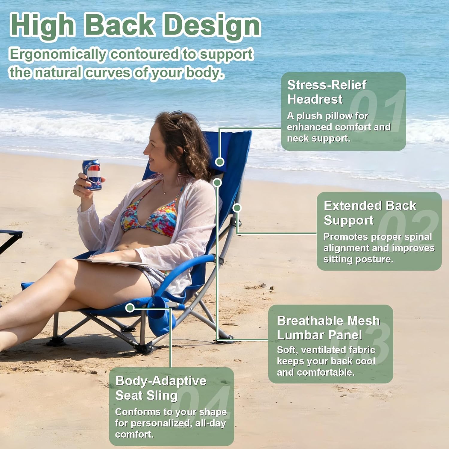 Romswi High Back Beach Chair, Compact Lightweight Low Seat Camping Chair, Fits in Suitcase, 400lbs Heavy Duty Oversized Backpack Chair with Cup Holder & Storage Bag, Blue