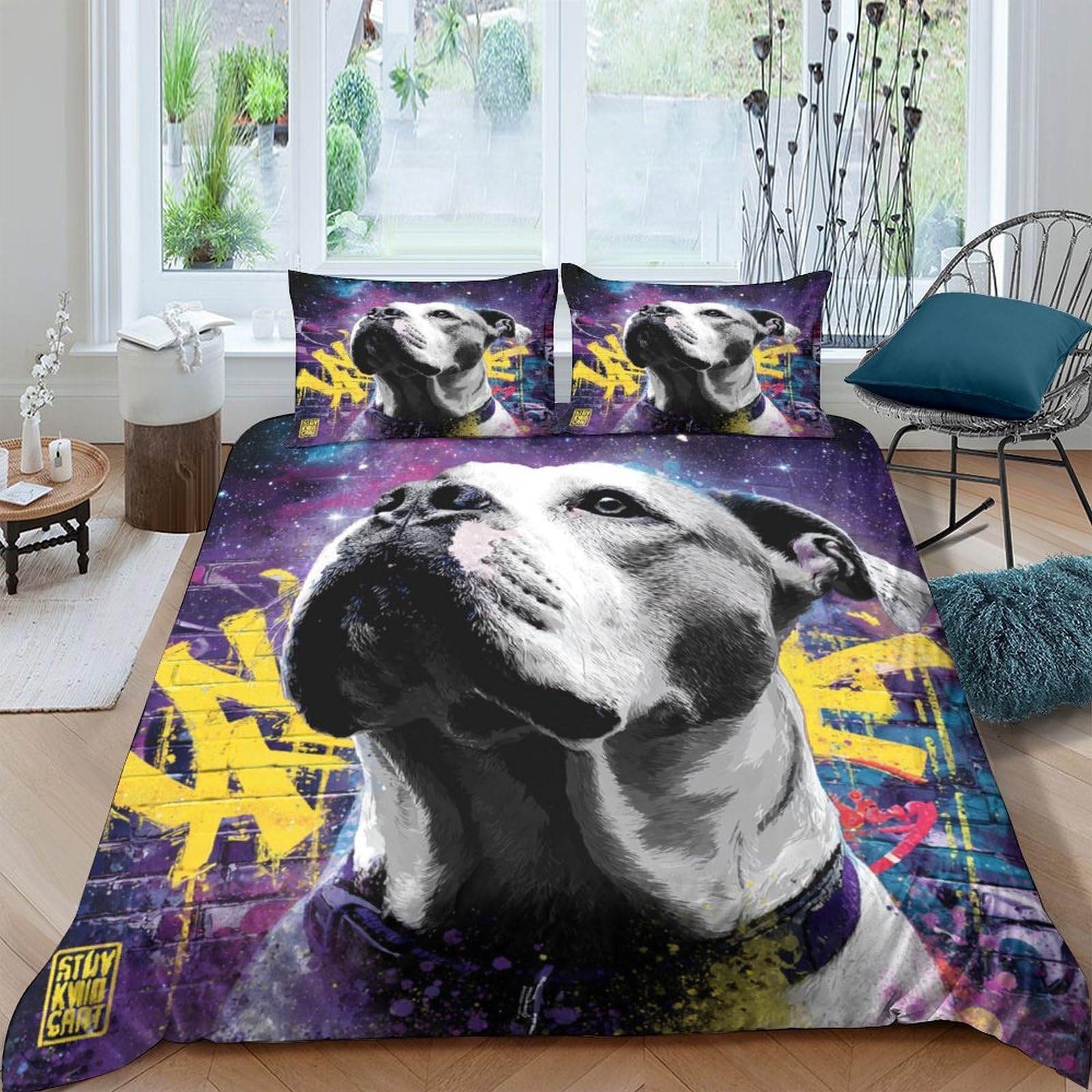 Ctjqhvkz Style-9 3D Printed Artistic Pitbull Fitted Sheet Microfiber Soft Urban Graffiti Bed Cover For Bedroom Decor Protection Single（135X200cm）