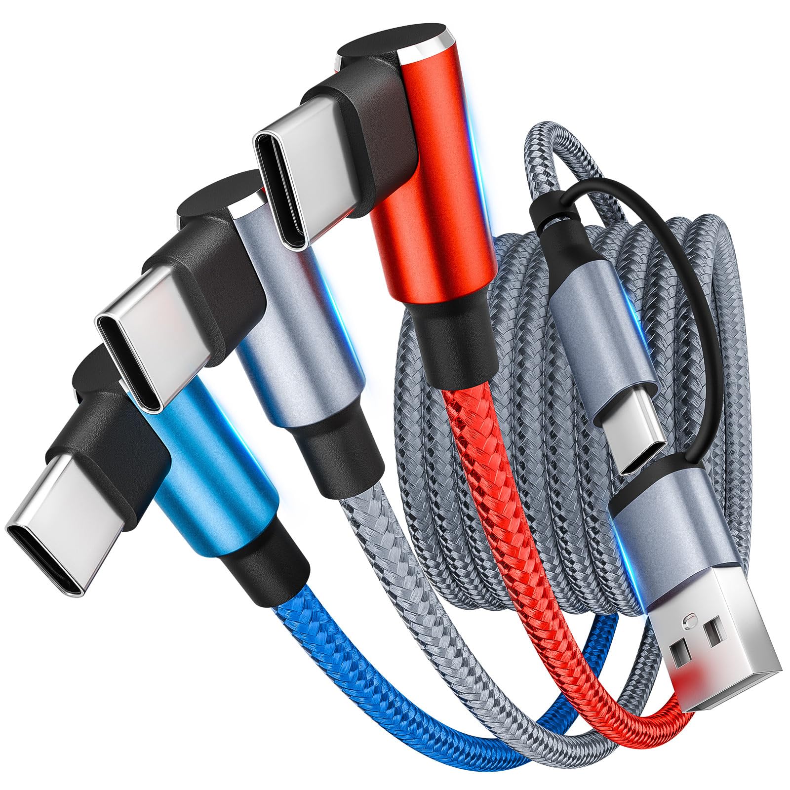 MPATIBY Cable USB A/C a USB C en ángulo recto, cable de carga trenzado tipo C de 90 grados de 5 pies, cable de carga USB C 3 en 2, cable de carga universal para teléfono con 3 puertos tipo C para