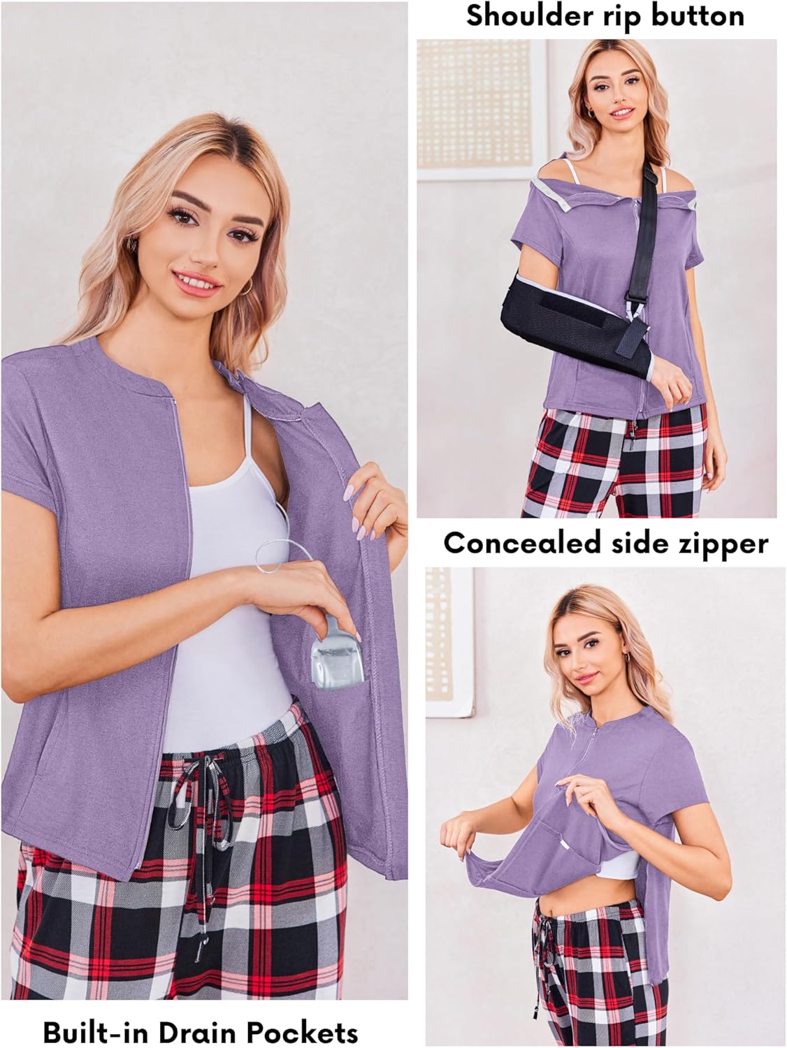 Deyeek Mastectomy Shirts with Drain Pockets Post Shoulder Surgery Tops for Women Chemo Port Short Sleeve with Zippers - Image 2