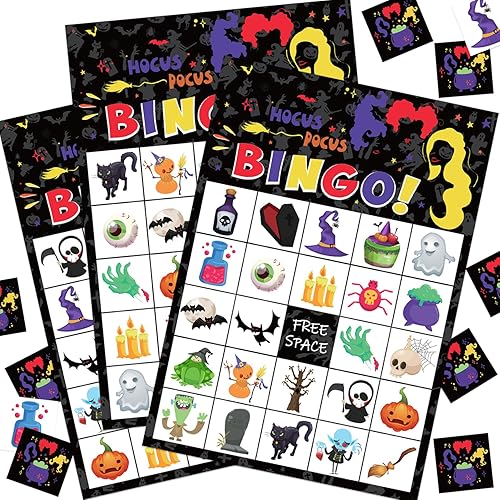 Tarjetas de juego de bingo de Hocus Pocus de Halloween para niños, 24 jugadores, juego de fiesta de Halloween para escuela, aula, actividades