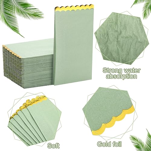 Miniatura 3 de Panelee 100 servilletas de papel verde salvia con borde festoneado dorado y bordes festoneados, toallas de mano desechables verdes para boda,