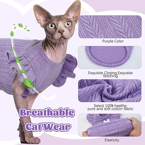 Miniatura 2 de DENTRUN Sphynx - Camisa de gatos sin pelo, ropa de gatito con mangas con volantes, transpirable, pijama para gatos, Púrpura