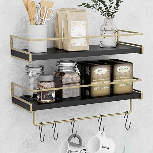MZF Wall Decor Floating Shelves, Home Decor with Towel Bar/Hooks, Wall Shelves for Bathroom/Living Room/Kitchen/Bedroom, (Gold-Black) Floating Bathroom Shelves