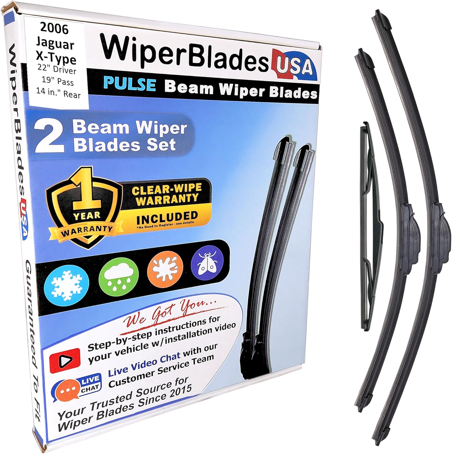 WiperBladesUSA Wiper Blades Set w/ 1yr warranty compatible with Jaguar X-Type 2006 Wipers (Set of 3) w/Rear Wiper Pulse Wipers