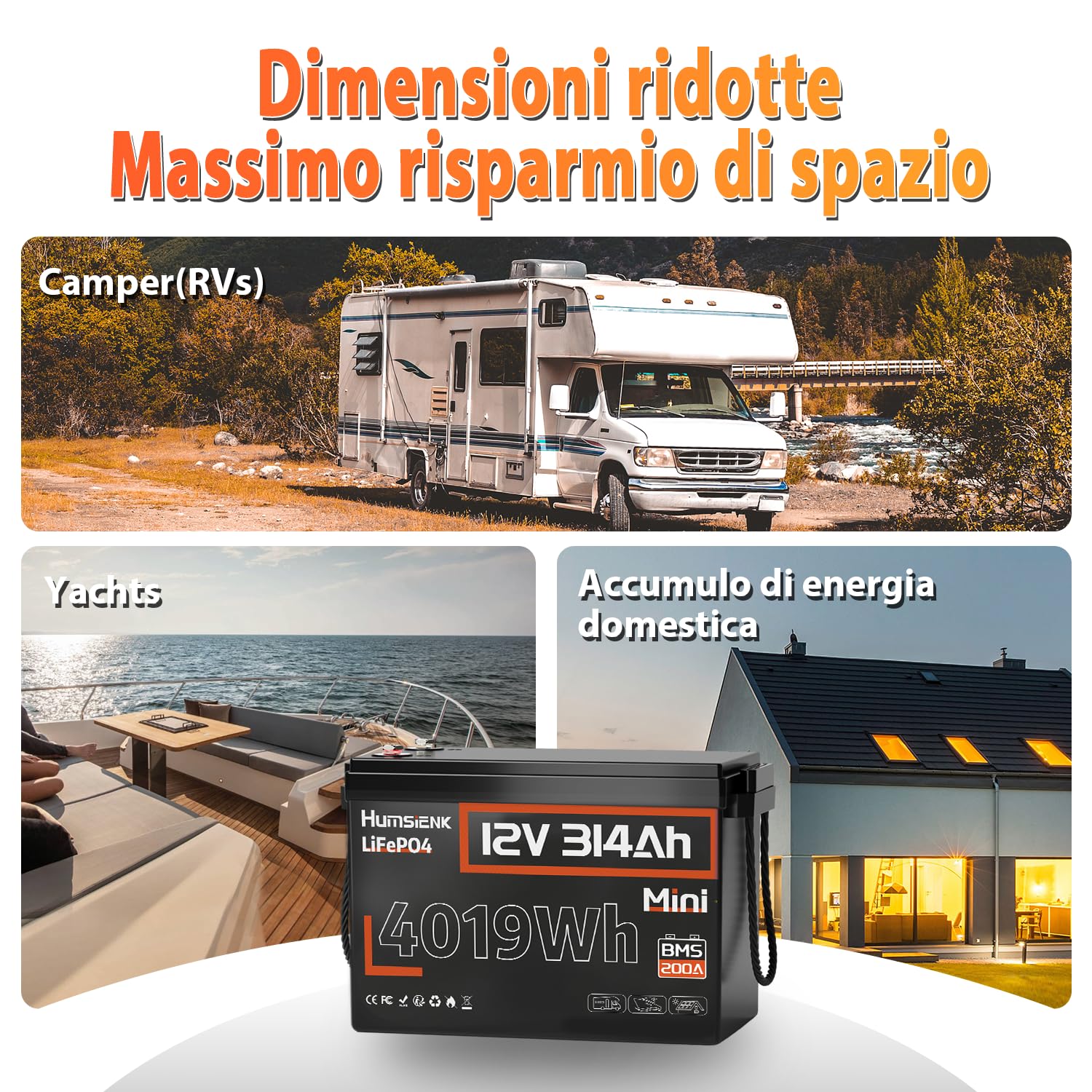 Humsienk Batteria LiFePO4 12V 314Ah Mini, 4019Wh batteria litio 300ah(314Ah) con BMS 200A, Protezione Bassa Temperatura, 15000 ciclo profondo, Ideale per camper, energia solare e barche