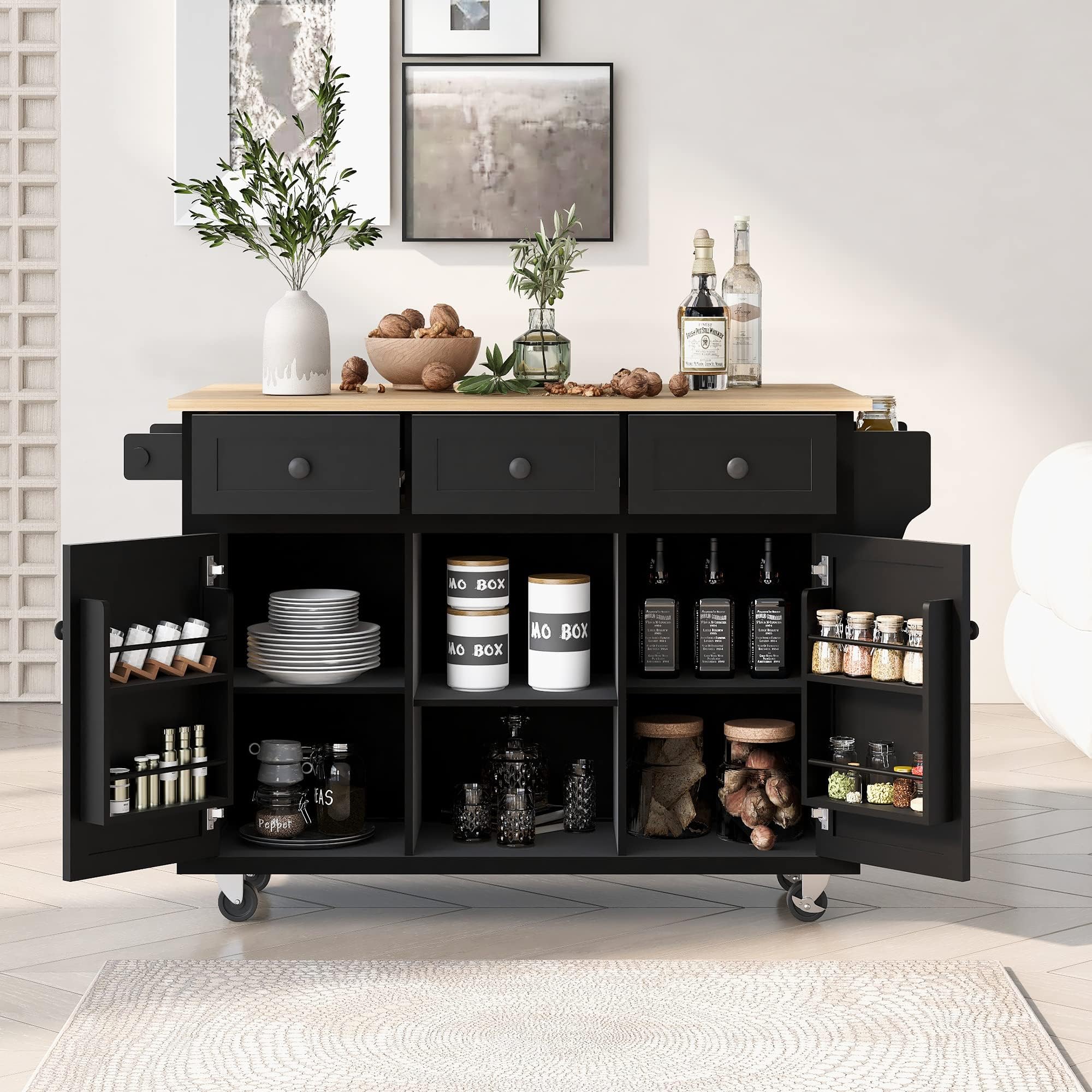 Modern Mobile Kitchen Island Cart with Rubber Wood Drop-Leaf Countertop and Internal Storage Racks,Cabinet with 5 Wheels and 3 Drawers,for Dining Room, Bathroom (Black@E)
