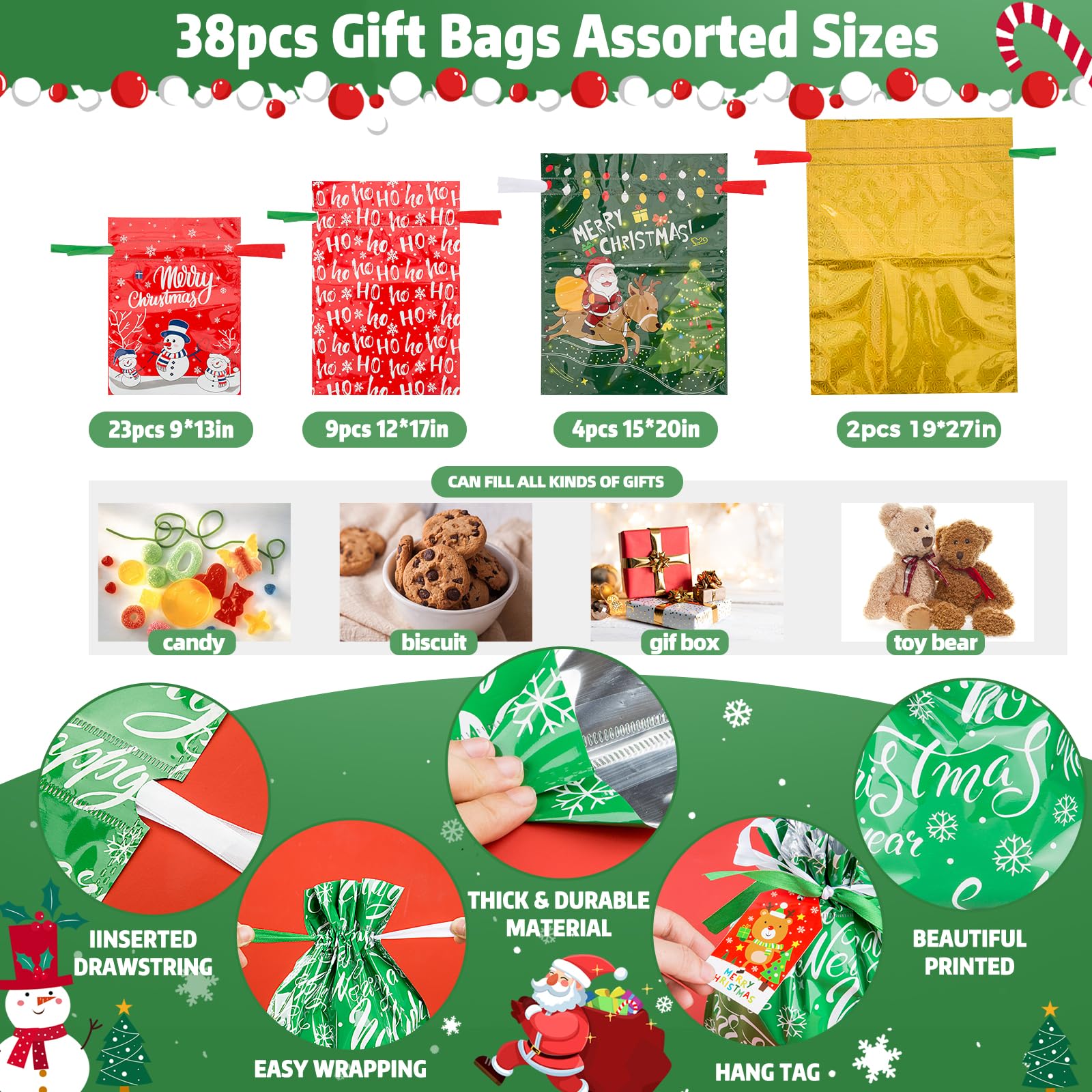 |10 Seconds Wrapping Gift | 38 sacchetti regalo natalizi con coulisse, di dimensioni assortite, S, M, L, Jumbo, sacchetti regalo per le vacanze con coulisse colorata per bomboniere di Natale,