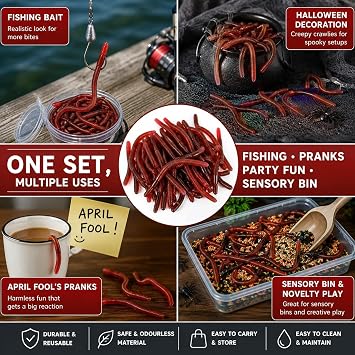 10Pcs Ake Earthworms, 18cm Realistic Fake Worm, Lifelike Worm Prank Trick Toy, Faux Lifelike Stretchy Rubber Earthworms Trick Toy, Fishing Lures Baits, for Halloween Sensory Bin April Fool's Day Party