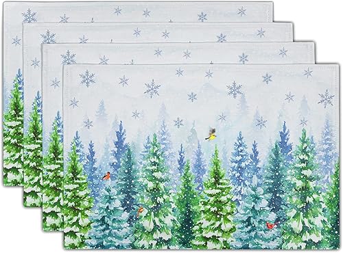 Juego de 4 manteles individuales de acuarela con diseño de pájaros de invierno, diseño de copos de nieve para decoración de comedor en interiores y