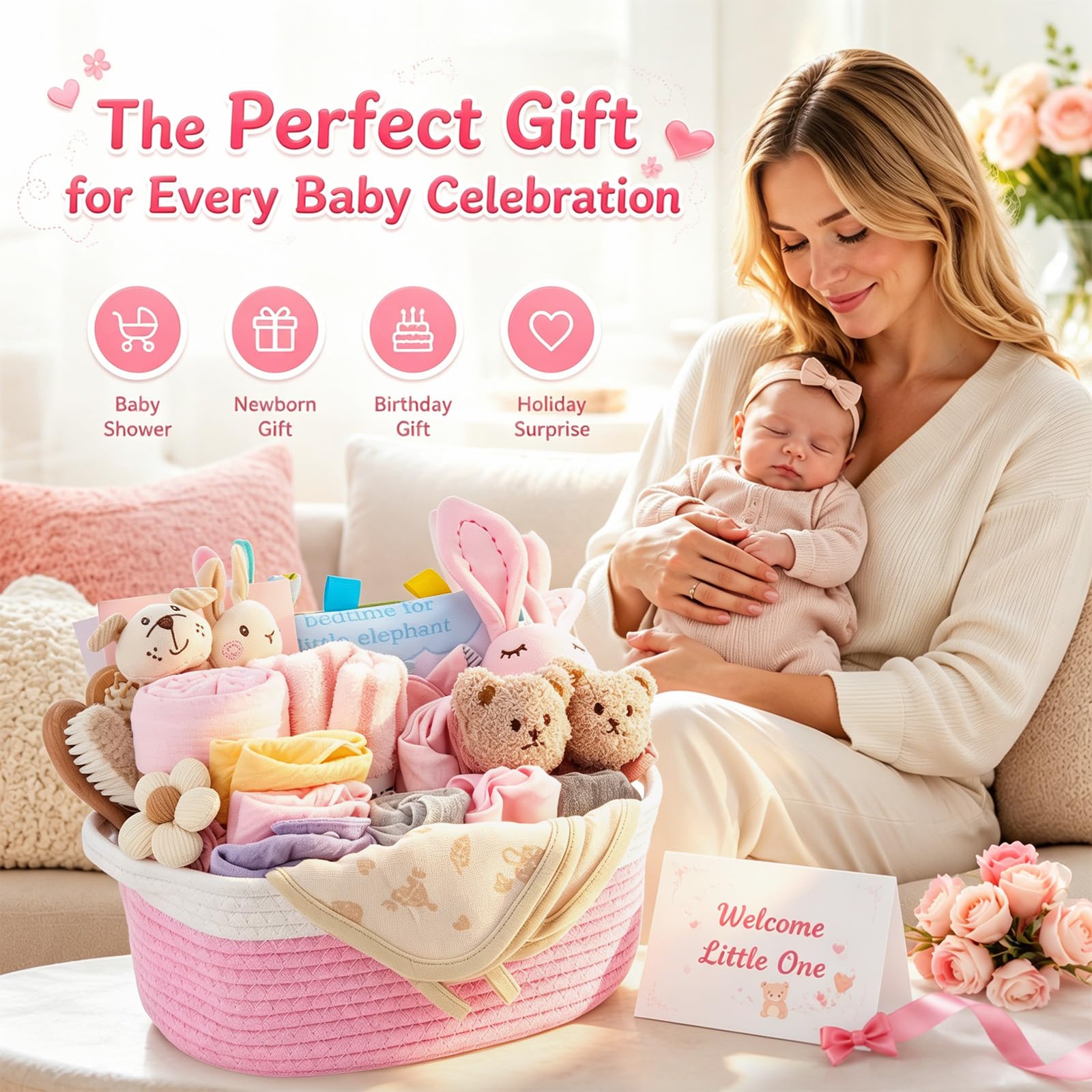 Windeltorte Baby Geschenkset Neutral - 32-teiliges Neugeborenen Set mit Hasen Plüschtier & Grußkarte im geflochtenen Korb - Luxus Geburtsgeschenk für Jungen & Mädchen, Babyparty & Taufe