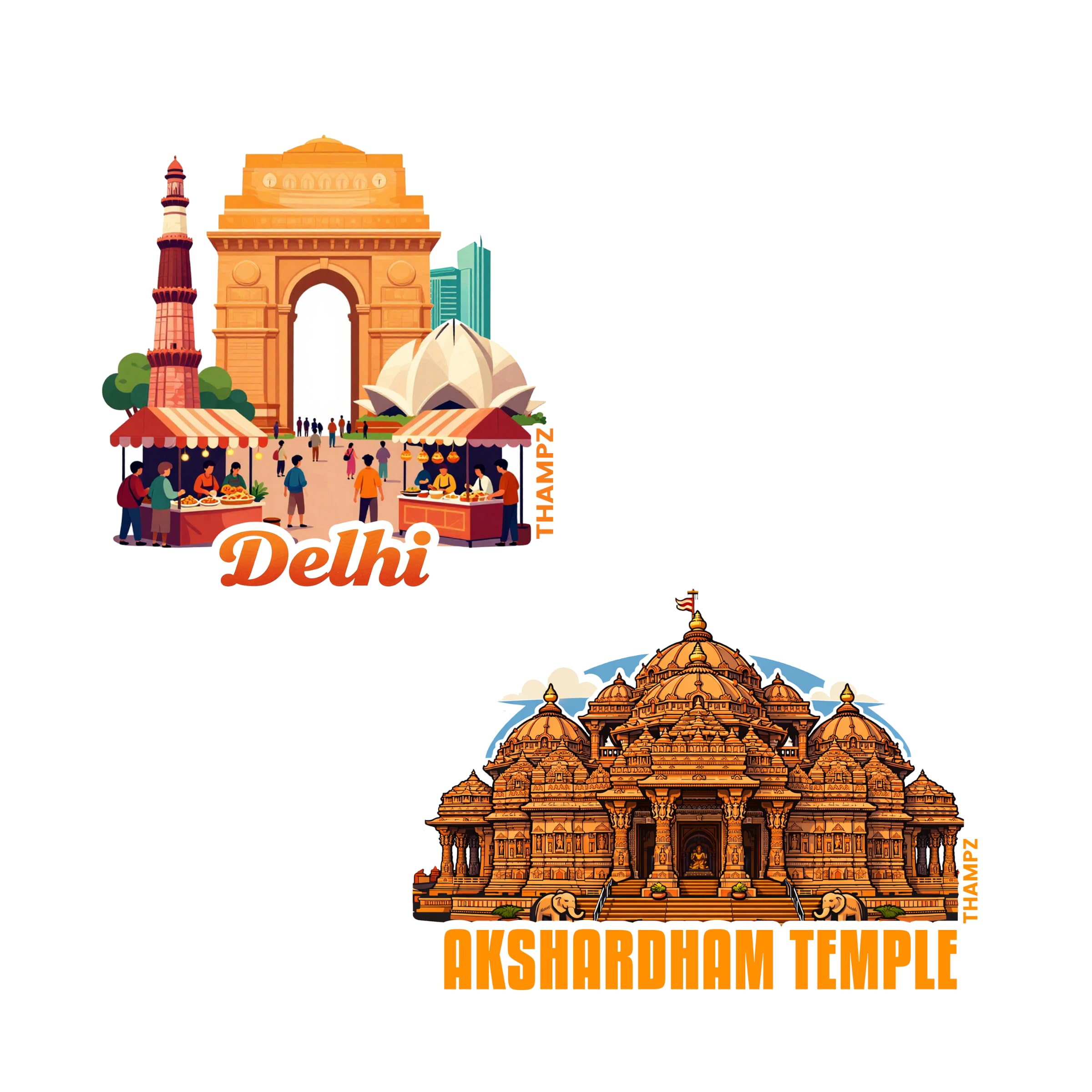 Akshardham & Delhi 3D Embossed 3D Embossed Vinyl Stickers – Premium Die Cut Premium Travel Souvenir (Set of 2)