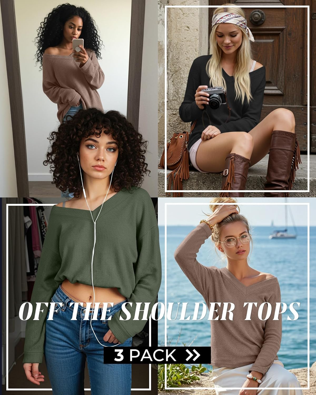 3 Pack Women's Oversized Off The Shoulder Tops Waffle Knit V Neck Casual Shirts Loose Fit Long Sleeve Tees