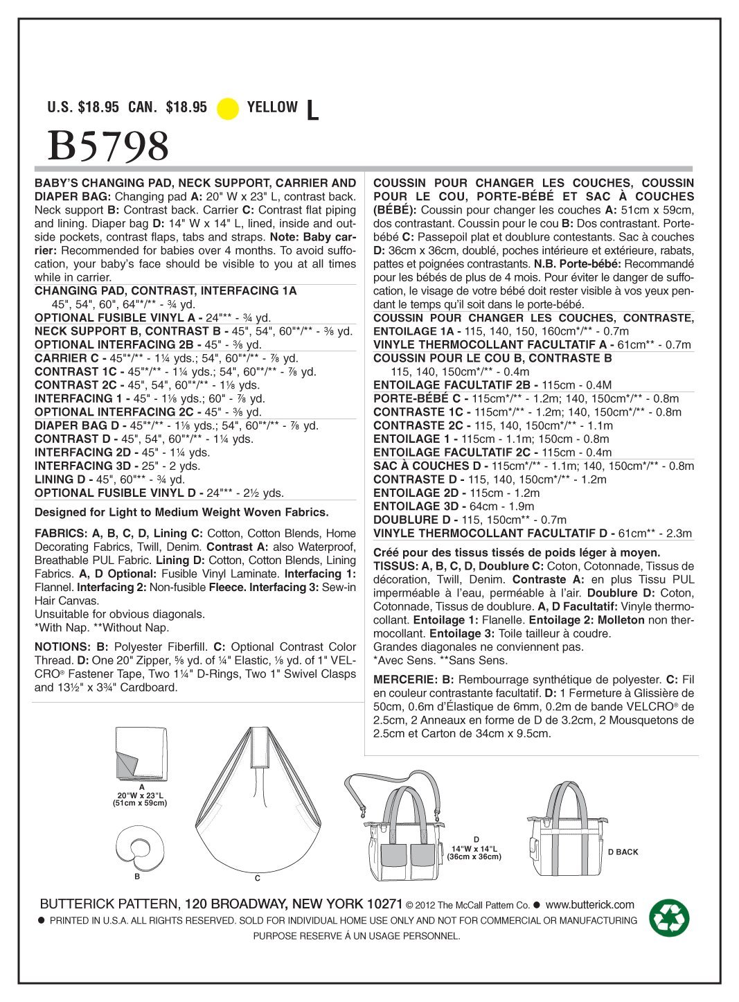 Butterick Patterns B5798OSZ Baby's Changing Pad Sewing Pattern, Neck Support, Carrier and Diaper Bag, Size One Size