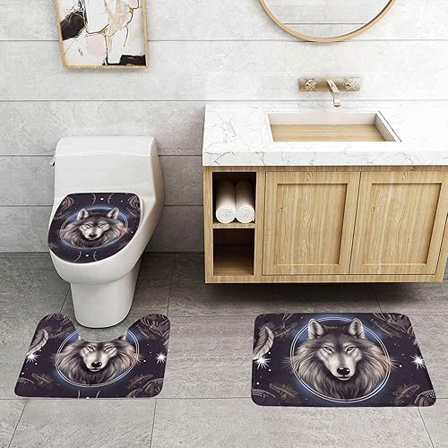 Miniatura 8 de EVANEM Juego de alfombras de baño de 3 piezas para baño, lobos y atrapasueños, alfombras de baño antideslizantes para baño, alfombra de baño de