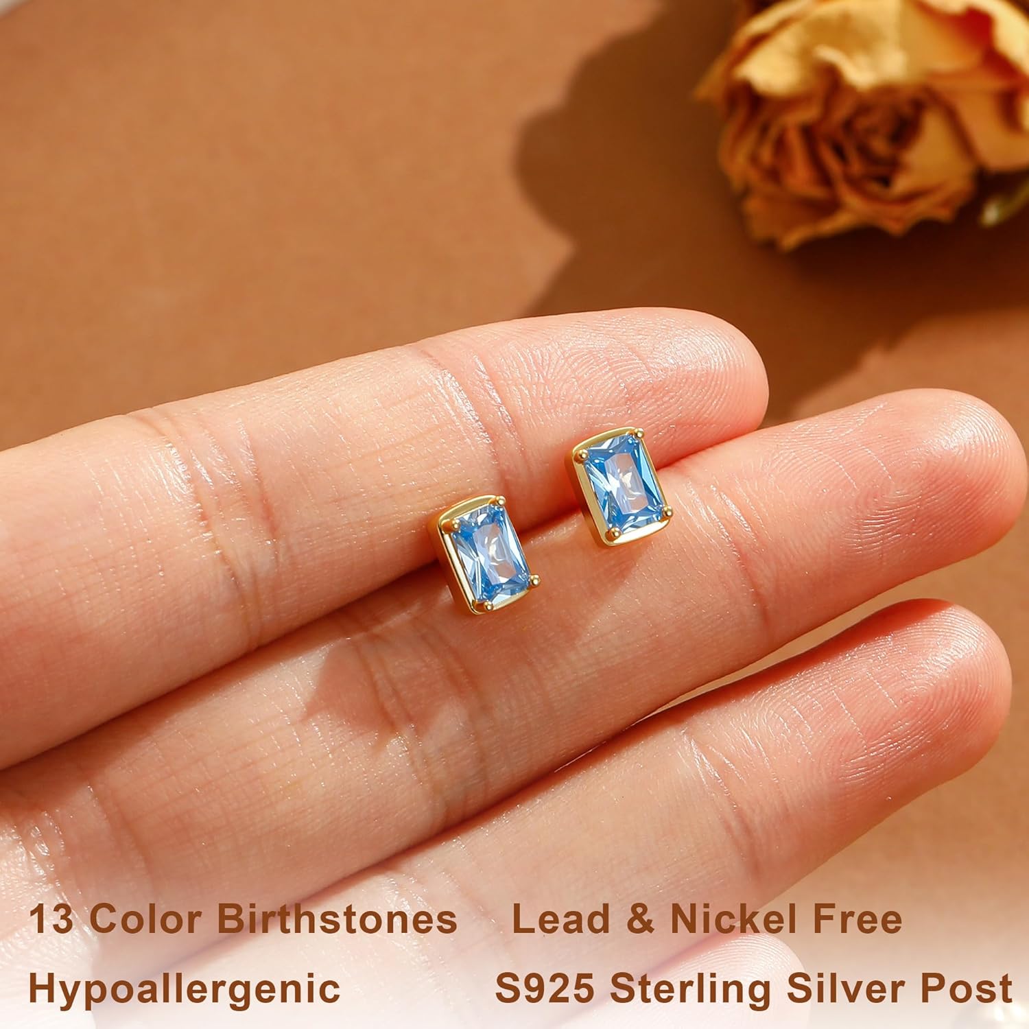 Ritach Gold Birthstone Earrings for Women Girls - S925 Sterling Silver Post Hypoallergenic Stud Earrings Real Gold Plated Rectangle Birthstone Earrings for Women Girls Birthday Gifts - Image 6